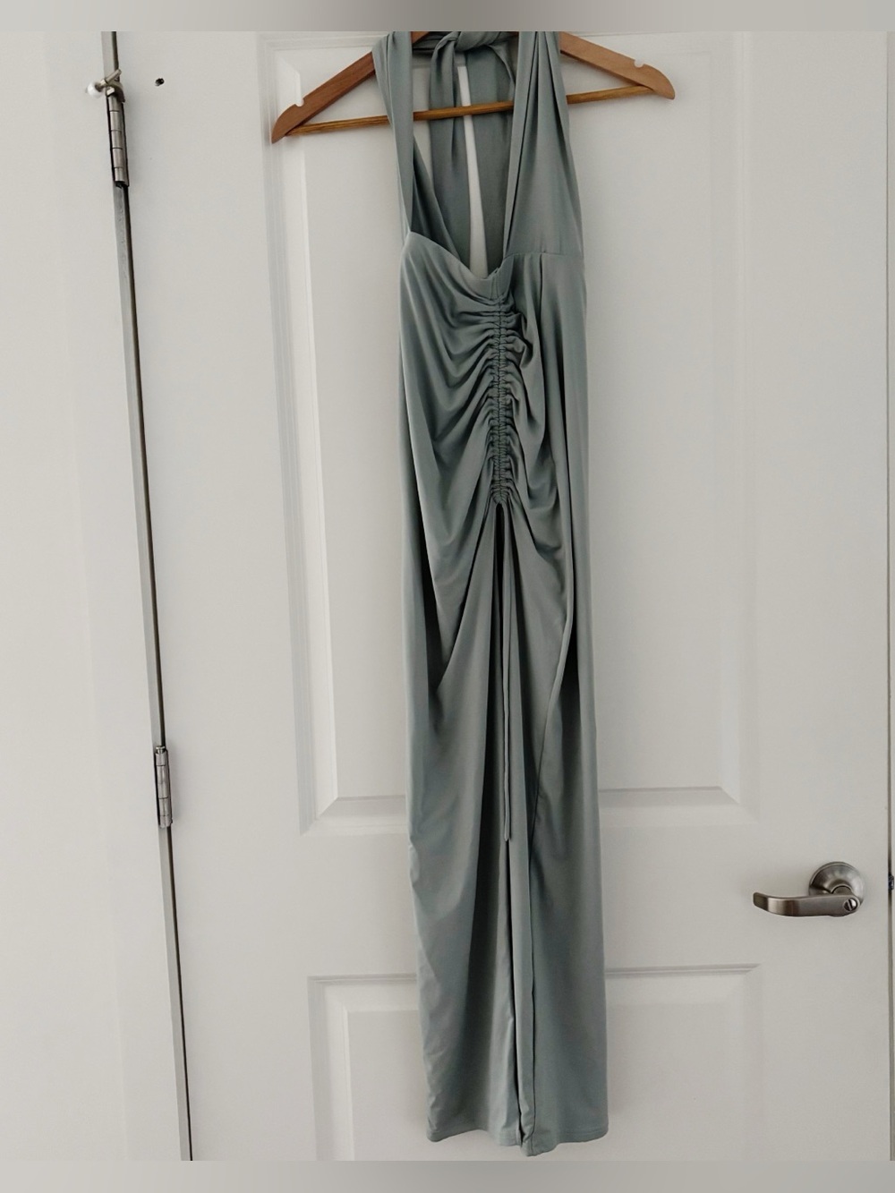 Babyboo Halter Ruched Front Slit Midi Dress Sage Bodycon XS